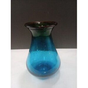 Handblown 8 Inch  Blue Art Glass Vase With Amber Glass Rim